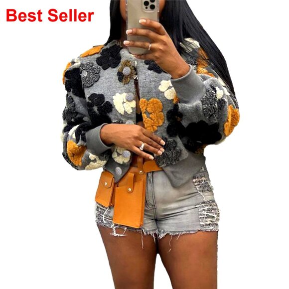 Cropped Fleece Jacket Sherpa Bomber Floral Print Warm Casual